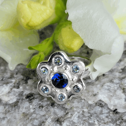 Sapphire with Blue Topaz Flower Ring