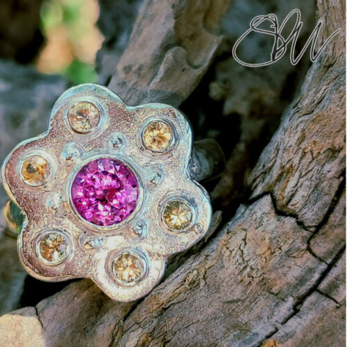 Pink Sapphire Flower Ring with Peach Sapphires